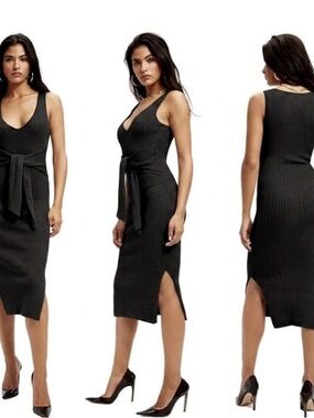 Good American Black Ribbed Tie-Waist Midi Dress